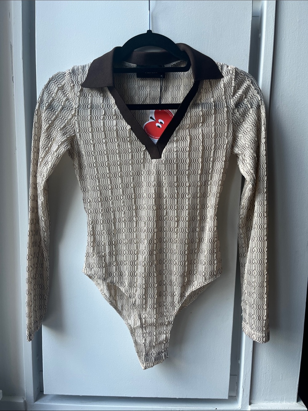 Long-Sleeve Beige & Brown Polo Bodysuit Retro